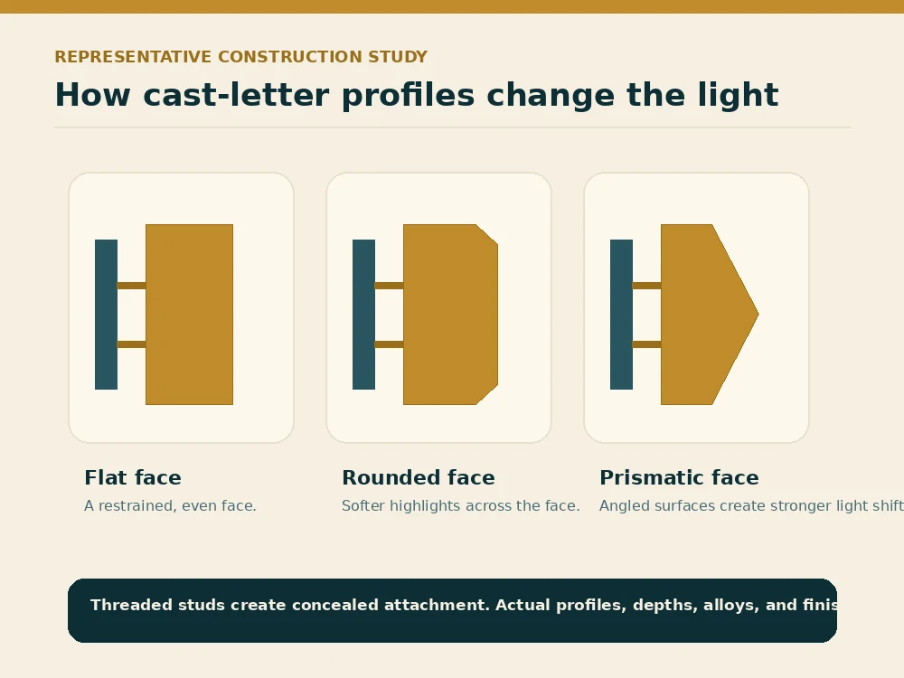 Representative diagram comparing flat rounded and prismatic cast letter face profiles with concealed stud mounting