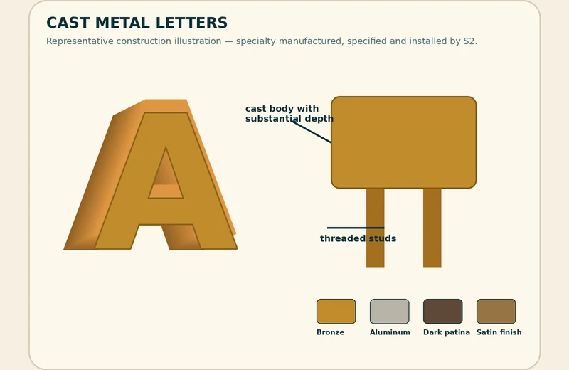 Representative cast metal letter construction illustration