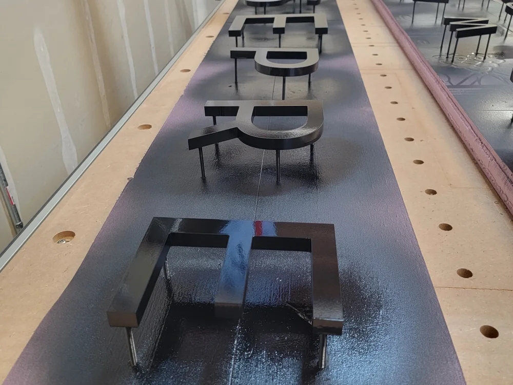 Dimensional sign components mounted to a fabricated backer