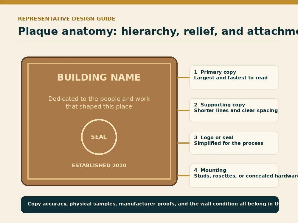 Representative plaque design diagram showing copy hierarchy logo placement border and mounting considerations