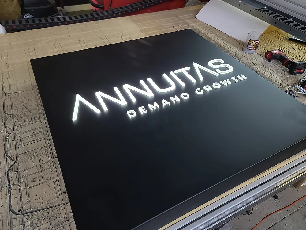 Illuminated push-thru acrylic lettering in a fabricated panel sign