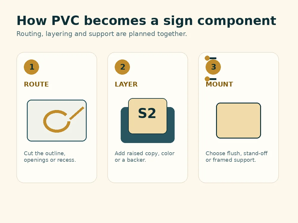 Educational diagram showing routed, layered, and mounted PVC sign components