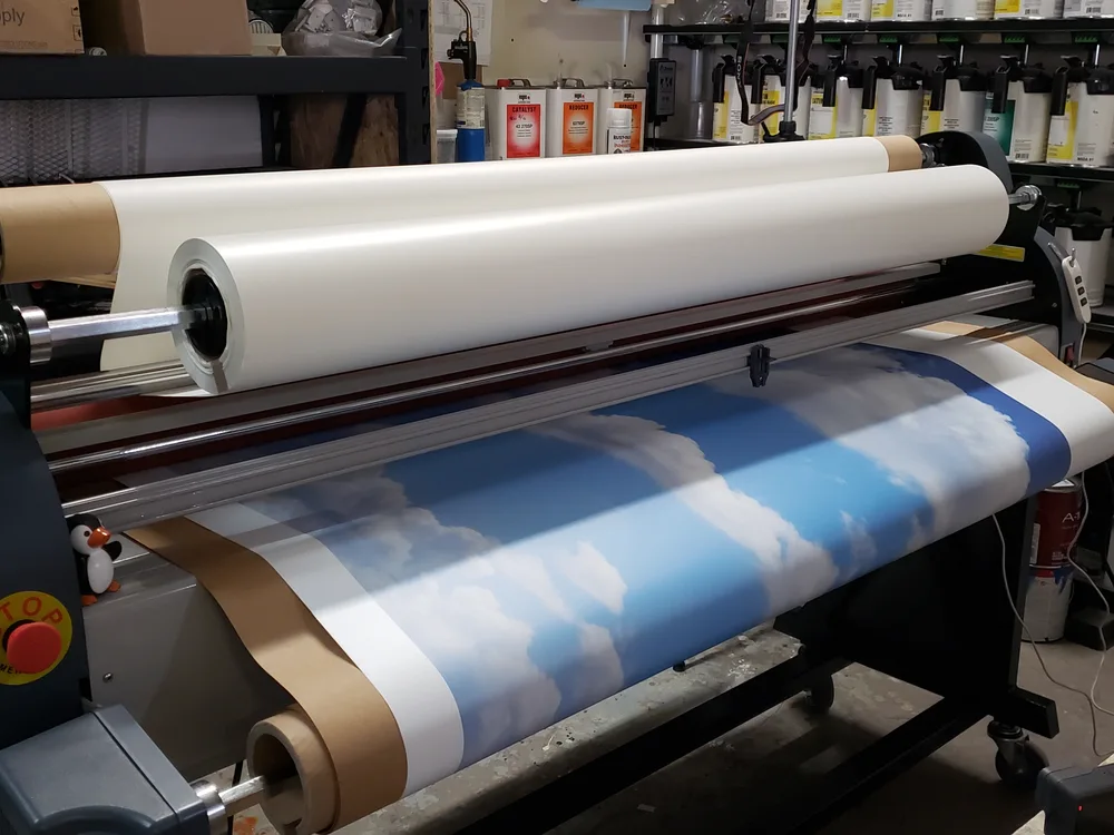 Printed wall mural material under production
